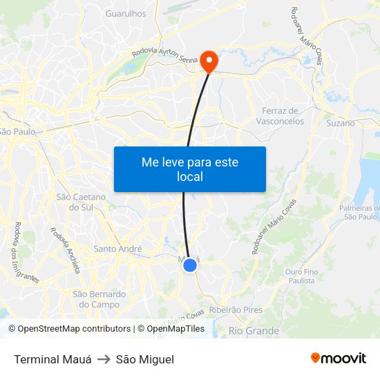 Terminal Mauá to São Miguel map