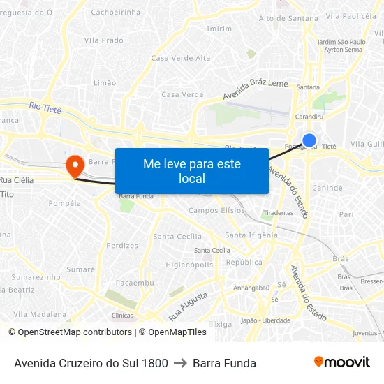 Avenida Cruzeiro do Sul 1800 to Barra Funda map