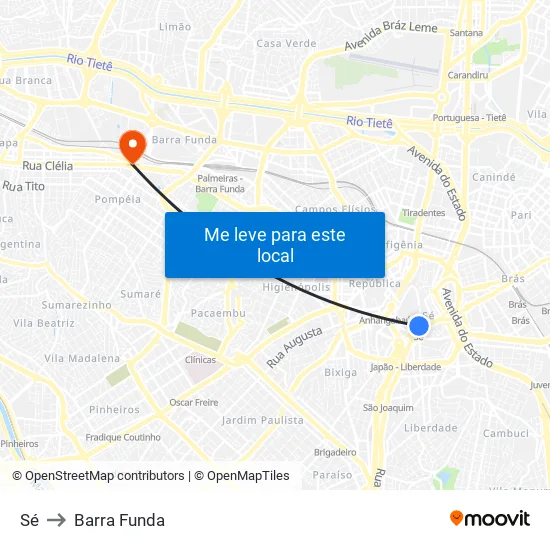 Sé to Barra Funda map