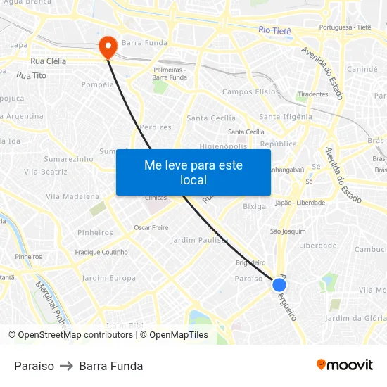 Paraíso to Barra Funda map