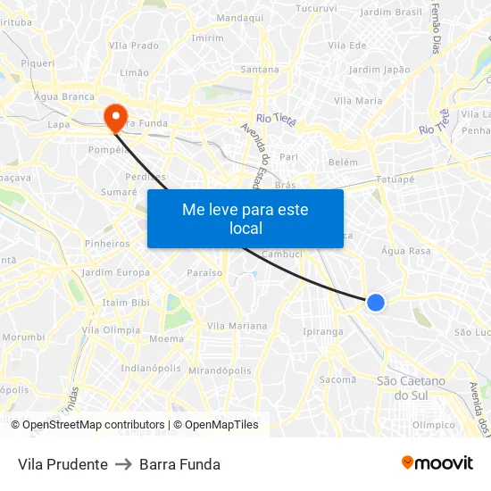 Vila Prudente to Barra Funda map