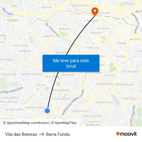 Vila das Belezas to Barra Funda map