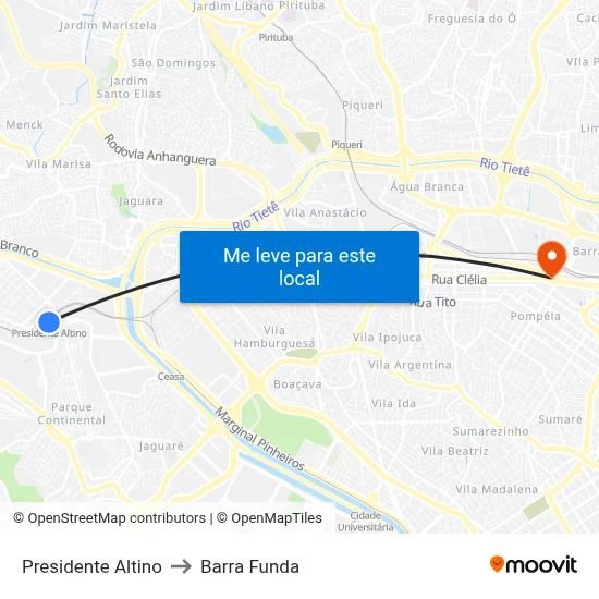Presidente Altino to Barra Funda map