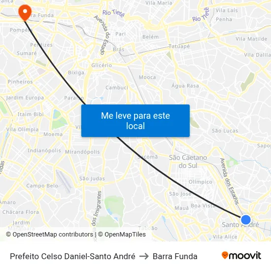 Prefeito Celso Daniel-Santo André to Barra Funda map