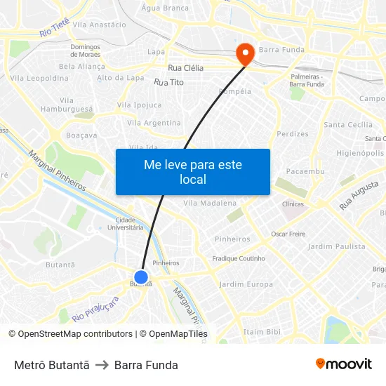 Metrô Butantã to Barra Funda map