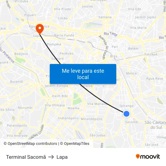 Terminal Sacomã to Lapa map