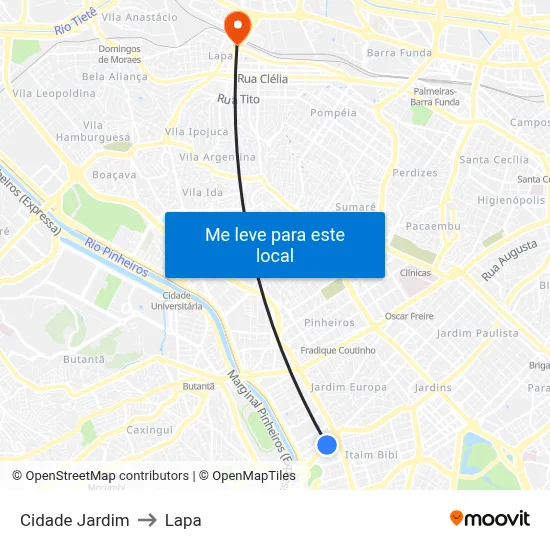 Cidade Jardim to Lapa map