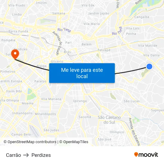 Carrão to Perdizes map