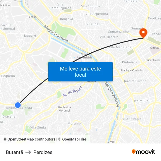 Butantã to Perdizes map