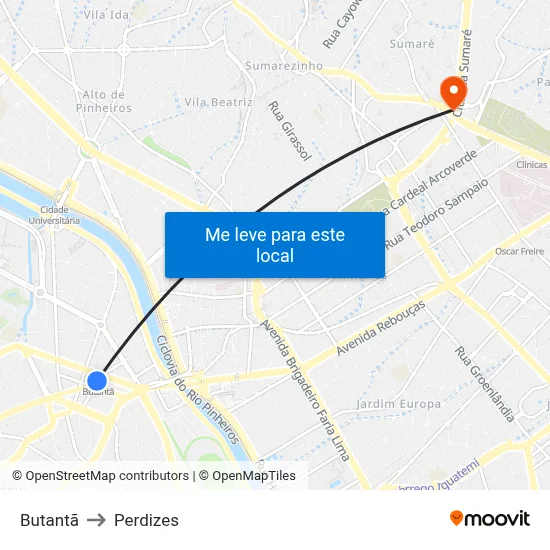 Butantã to Perdizes map