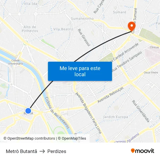 Metrô Butantã to Perdizes map