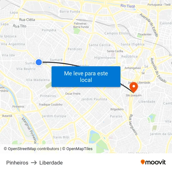 Pinheiros to Liberdade map