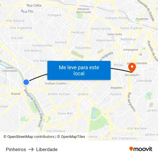 Pinheiros to Liberdade map