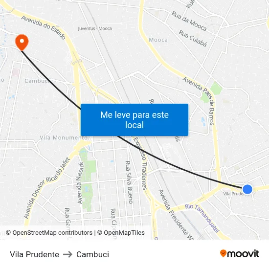 Vila Prudente to Cambuci map