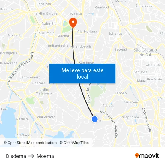 Diadema to Moema map