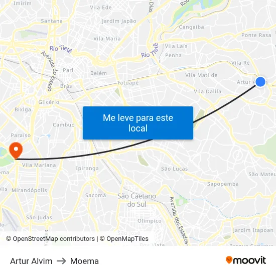 Artur Alvim to Moema map