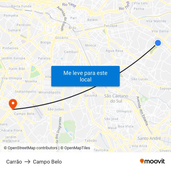 Carrão to Campo Belo map