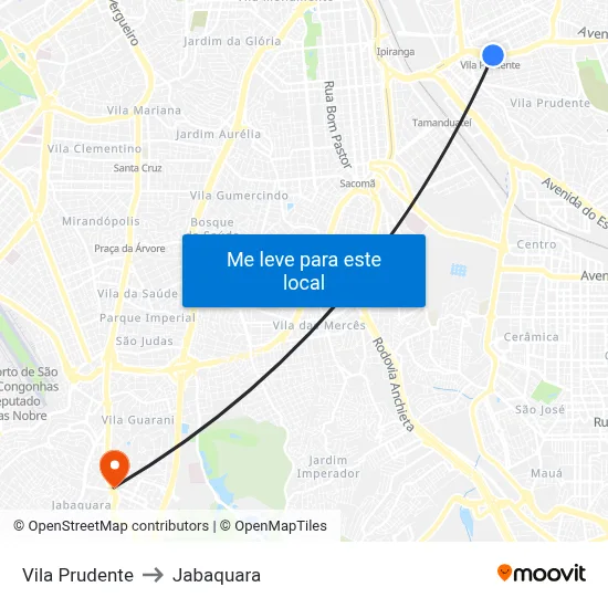 Vila Prudente to Jabaquara map
