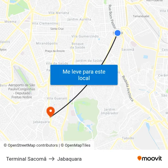 Terminal Sacomã to Jabaquara map