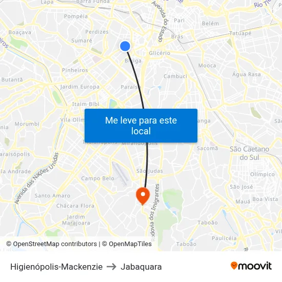 Higienópolis-Mackenzie to Jabaquara map