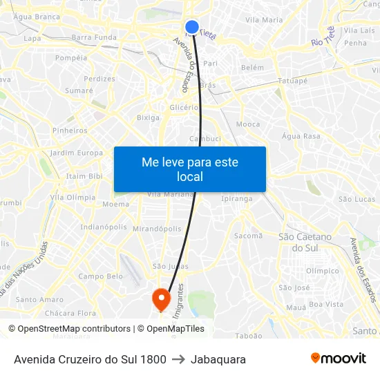 Avenida Cruzeiro do Sul 1800 to Jabaquara map