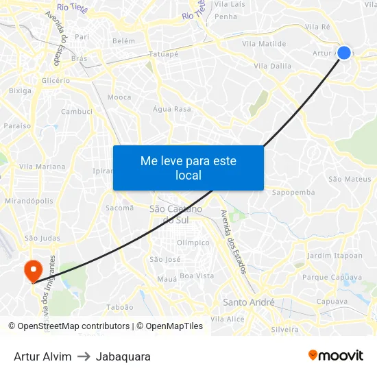 Artur Alvim to Jabaquara map