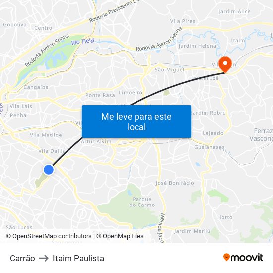 Carrão to Itaim Paulista map