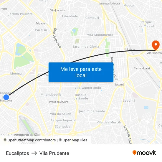 Eucaliptos to Vila Prudente map