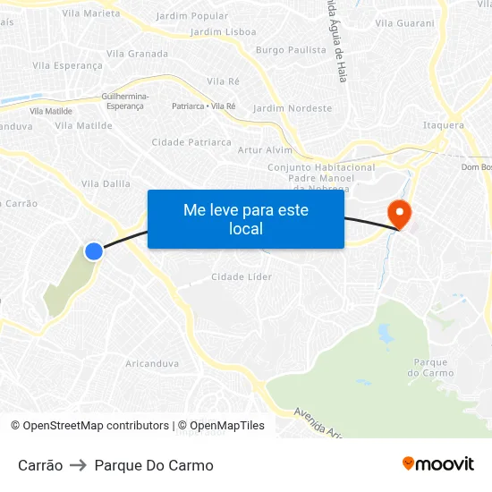 Carrão to Parque Do Carmo map