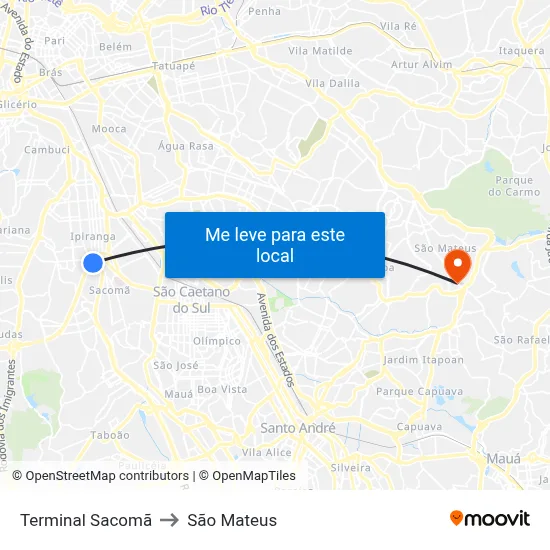 Terminal Sacomã to São Mateus map