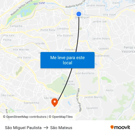 São Miguel Paulista to São Mateus map