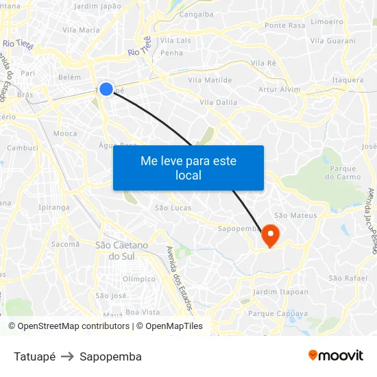 Tatuapé to Sapopemba map