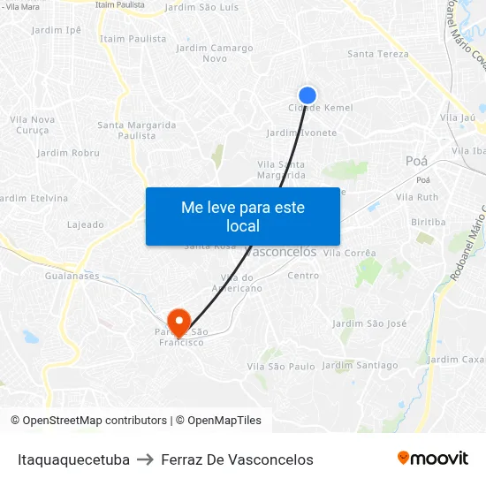 Itaquaquecetuba to Ferraz De Vasconcelos map