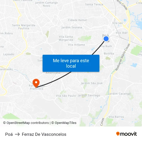 Poá to Ferraz De Vasconcelos map