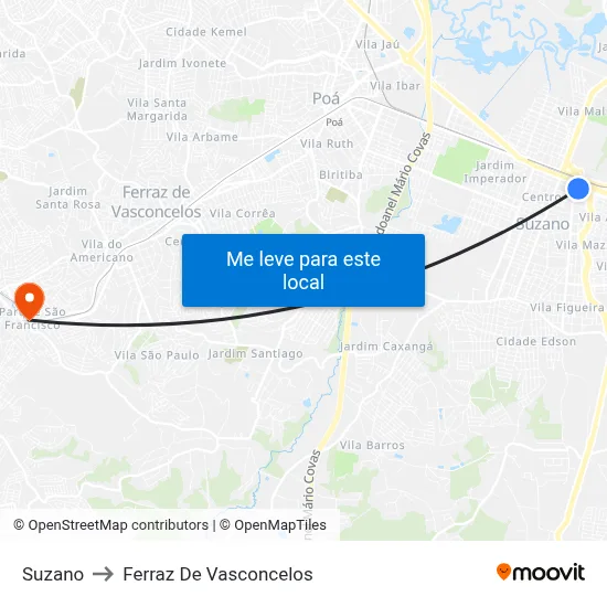 Suzano to Ferraz De Vasconcelos map