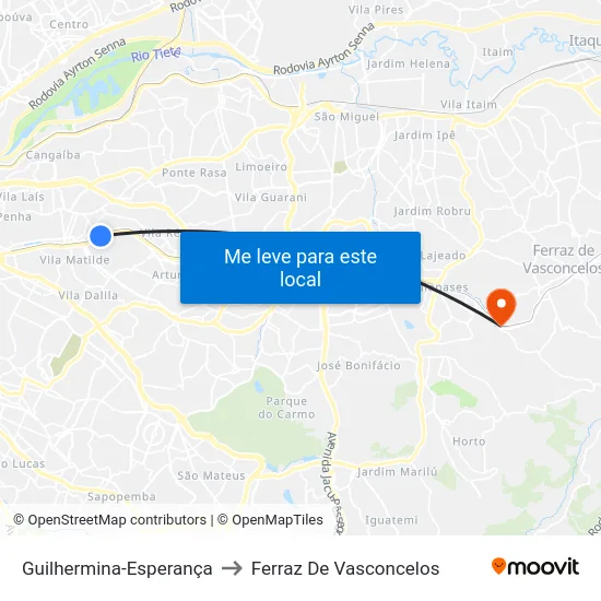 Guilhermina-Esperança to Ferraz De Vasconcelos map