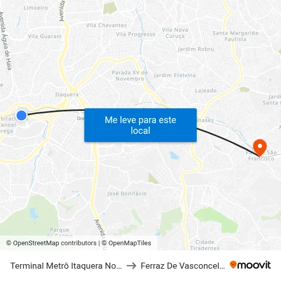 Terminal Metrô Itaquera Norte to Ferraz De Vasconcelos map