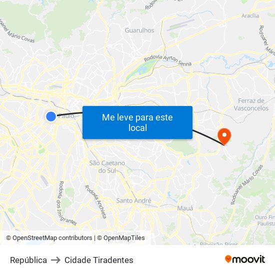 República to Cidade Tiradentes map