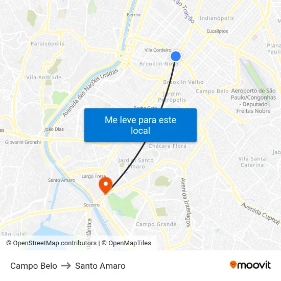 Campo Belo to Santo Amaro map