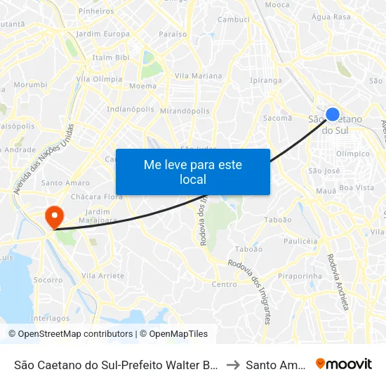 São Caetano do Sul-Prefeito Walter Braido to Santo Amaro map