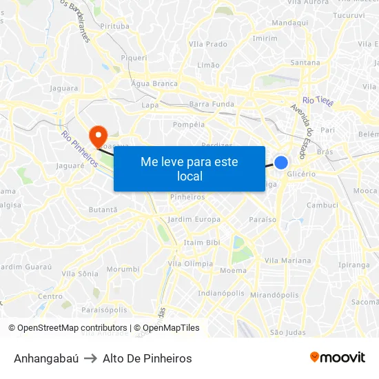 Anhangabaú to Alto De Pinheiros map