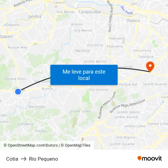 Cotia to Rio Pequeno map