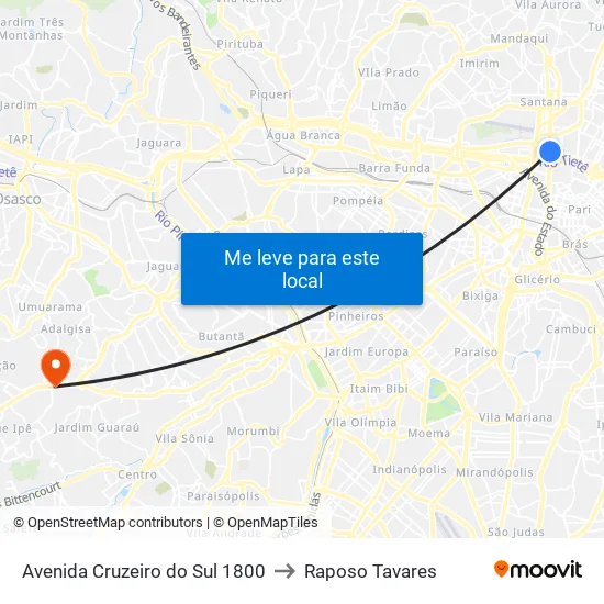 Avenida Cruzeiro do Sul 1800 to Raposo Tavares map