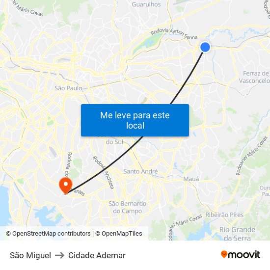 São Miguel to Cidade Ademar map