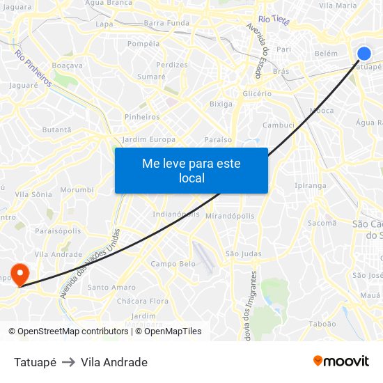 Tatuapé to Vila Andrade map