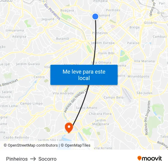 Pinheiros to Socorro map