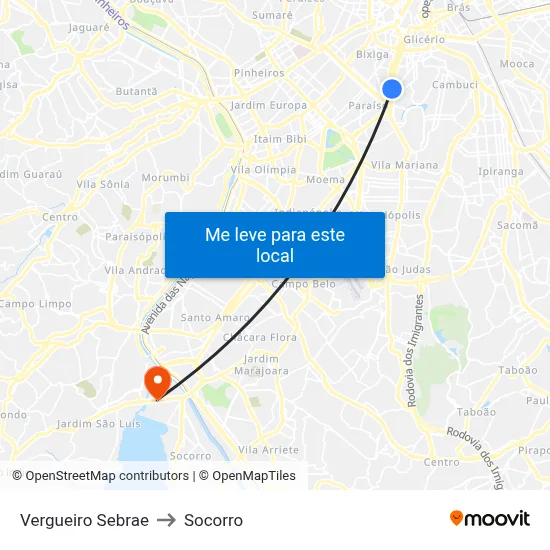 Vergueiro Sebrae to Socorro map