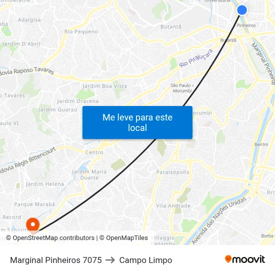 Marginal Pinheiros 7075 to Campo Limpo map