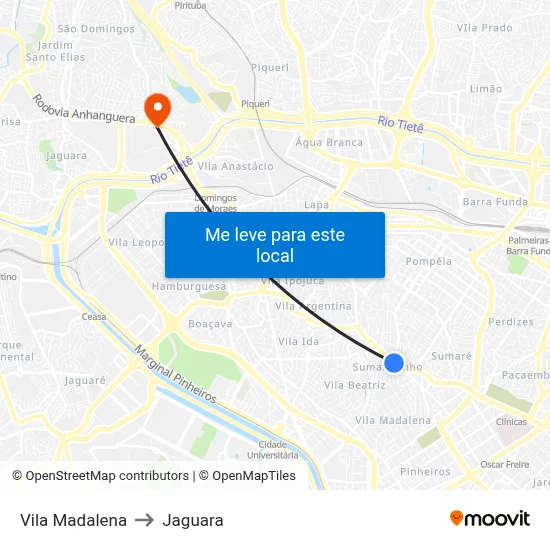 Vila Madalena to Jaguara map