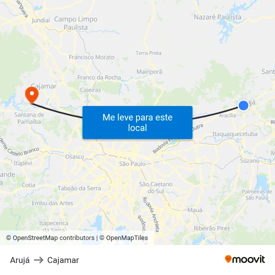 Arujá to Cajamar map